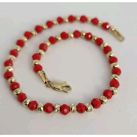 14k Yellow Gold Fashion Red And Gold Beaded Bracelet 7.5" - Picture 4 of 8
